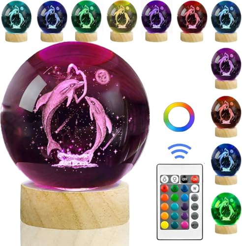 Image of STARKENDY 3D Dolphine Crystal Ball LED Night Lamp, Creative Engraved Night Light Wooden Base, Warm White Decorative Table Lamp for Home, Office, Bedroom, Birthday Gift ((Multicolour) with Remote)