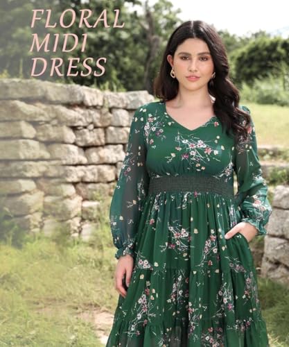 TIYOMI Women's Plus Size Boho Midi Dress 2025 Long Sleeve V Neck Floral Dress Empire Waist Wedding Guest Dresses with Pocket2