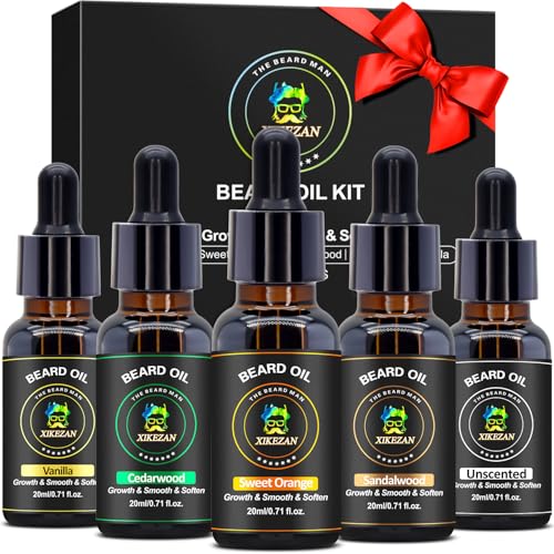 XIKEZAN 5 Pack Beard Oil Set w/Sandalwood, Orange, Vanilla, Cedarwood, Unscented for Beard Care, Moisturizing, Soften,Fathers Valentines Gifts for Him Men Dad Husband Christmas Stocking Stuffers