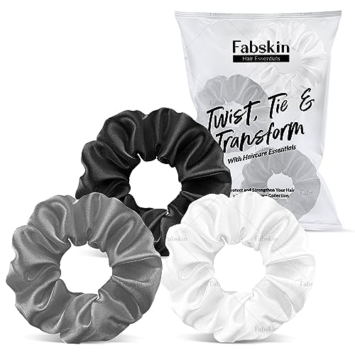 Image of Fabskin Luxury Satin Scrunchies For Women and Girls | Stylish & Cute Hair Accessories Ties Scrunchies Ponytail Holders | Pack Of 3 (Black, White & Grey)