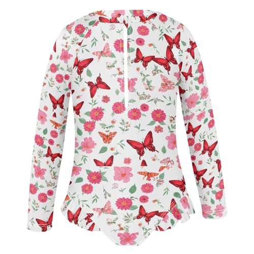 Butterfly Flowers Girls Long Sleeve Rashguard Swimsuit UV Protection One-Piece Swimwear Bathing Suit B04039652