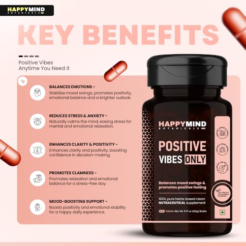 Image of HappyMind Botanicals Positive Vibes Only | Ayurvedic Mood Enhancer Supplement for Women & Men | Controls Mood Swings, Balances Emotions & Hormones | Ashwagandha, Ginseng, Kapikachu | 60 Vegan Tablets