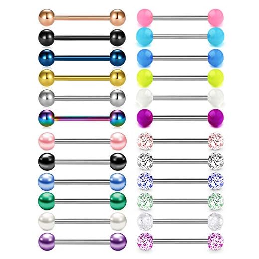 Rajnard Piercing lengua pezón 24 piezas 14G 16mm acero quirúrgico brillo bola luminosa perla Piercing joyería mujeres niñas