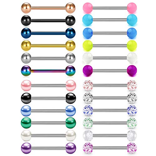 Rajnard 24Pcs Tongue Bar Tongue Piercing 14G 16mm Surgical Steel with Pearl Ball Glown in the Dark Glitter Ball Nipple Bar Nipple Tongue Ring Piercing Jewellery