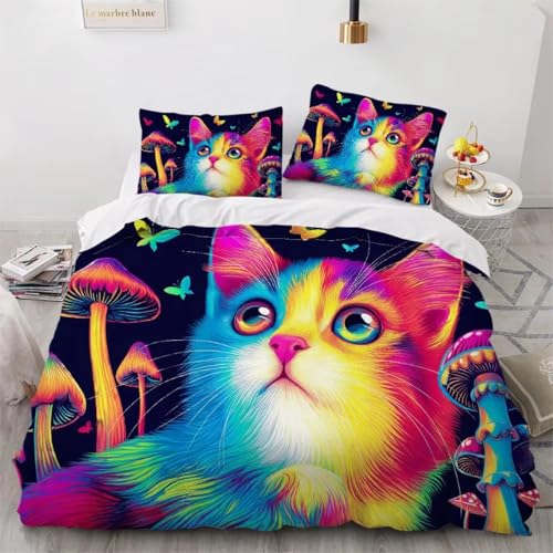 NDXRWDZR 布団セット カラフルな猫 布団カバー 3点セット防ダニ 抗菌防臭 通気吸湿 四季適用 ポリエステル布団カバー 170x210 cm + 2 枕カバー 43x63 cm
