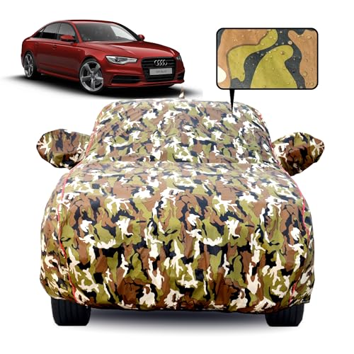 Image of Waterproof Car Body Cover for Audi A6 with Mirror Pocket, Soft Cotton Lining, Triple Stitched, Full Bottom Elastic (Heat Resistant Jungle Print with Red Piping)