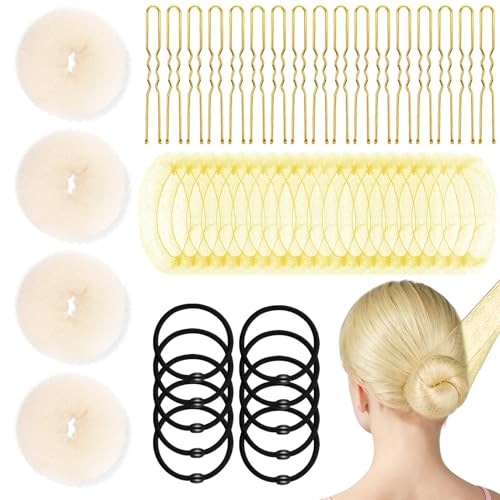 YINGFENG 134 Pcs Beige Hair Bun Maker Kit for Kids Small - 4 Hair Donuts for Buns 20 Hair Nets for Buns 100 U Shaped Bobby Pins 10 Hair Bands for Girls Ballet Dance Hair Accessories for Women