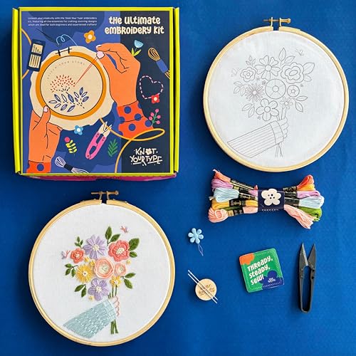 Image of KNOT YOUR TYPE Cotton Floral Bouquet DIY Embroidery Kit | Hand Embroidery Kit with All Stitching Materials | Perfect Art & Craft Gift Set, Stitching Kit for Adults, Blue