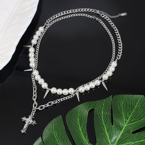 Eigso Pearl Necklace for Women Stainless Steel Silver Necklaces for Woman Gothic Cross Pendant Necklace for Woman Man3