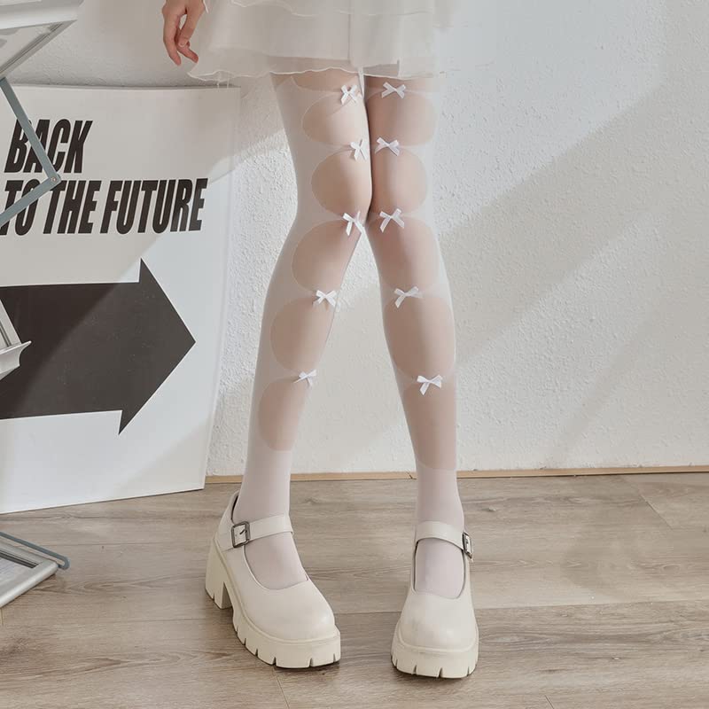 Sahabowi Women Tights, Sheer High Waist Pantyhose, Vintage Control Top Stockings, Siwa 2: Front Bow Jacquard White