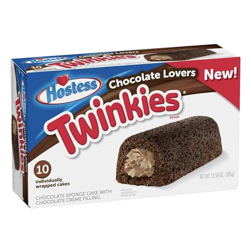 Hostess Chocolate Cake Twinkies, 10-Count Individually Wrapped Chocolate Sponge Cake Snack with Creamy Filling, Mini Cakes for On-The-Go Snacking, Lunchboxes, Parties, Goodie Bag Filler