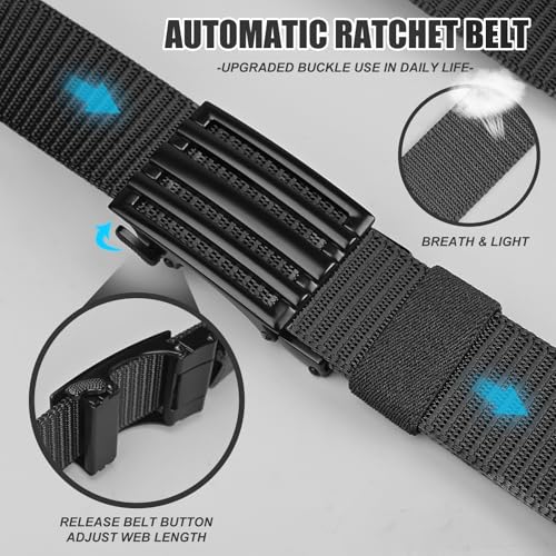 KingMoore 2 Pack Men's Ratchet Web Belt, 1.25 inch Nylon Automatic Buckle, No Holes Invisible Belt2