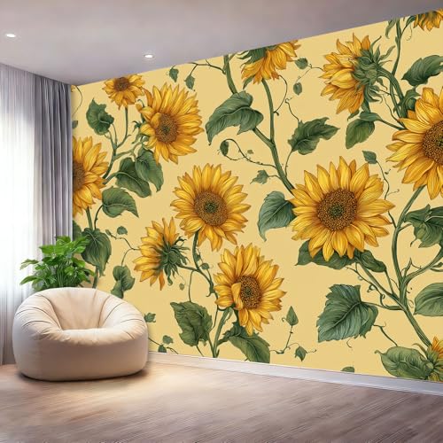 Papel Tapiz Fotográfico Plantas Girasoles Hojas Papel Pintado Murales Póster Amarillo Verde Fotográfico Para Dormitorio Salón Tv Pared 250 x 175 cm