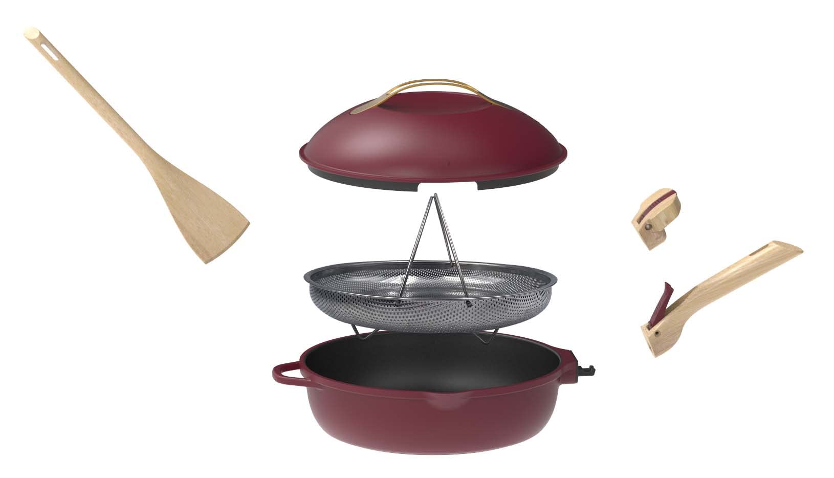 COOKUT - La Fabuleuse poêle 8 en 1 – Un seul ustensile qui remplace poêle, casserole, sauteuse - Avec 2 poignées amovibles, panier vapeur/friture, spatule en bois - RUBIS