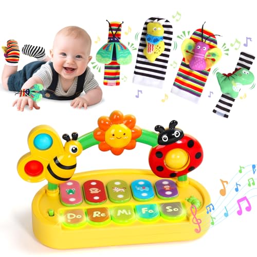 jerryvon Brinquedos Bebê 6 Meses com Piano Musical (4 Modos), 4 Meias Soneira - Brinquedos Musicais Sensoriais 7 em 1 para 6-12 Meses Menina Menino Presente Bebê 6 Meses