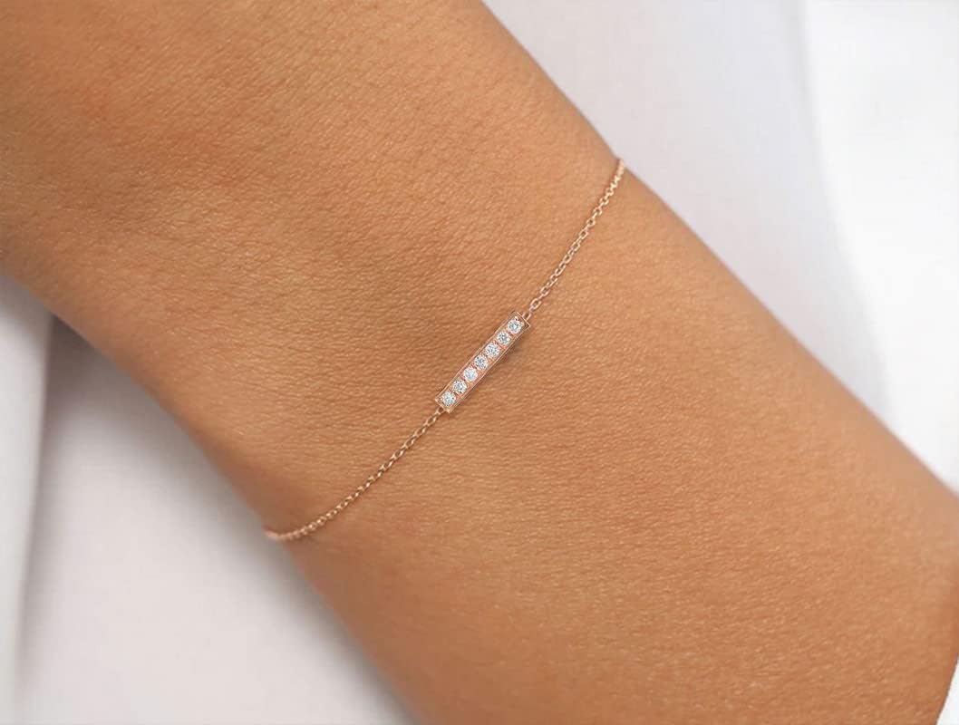 Round Cut White Diamond Bar Style Chain Bracelet For Women 14K Gold Finish Ladies Dainty Round 7 Stone Bar Chain Bracelet