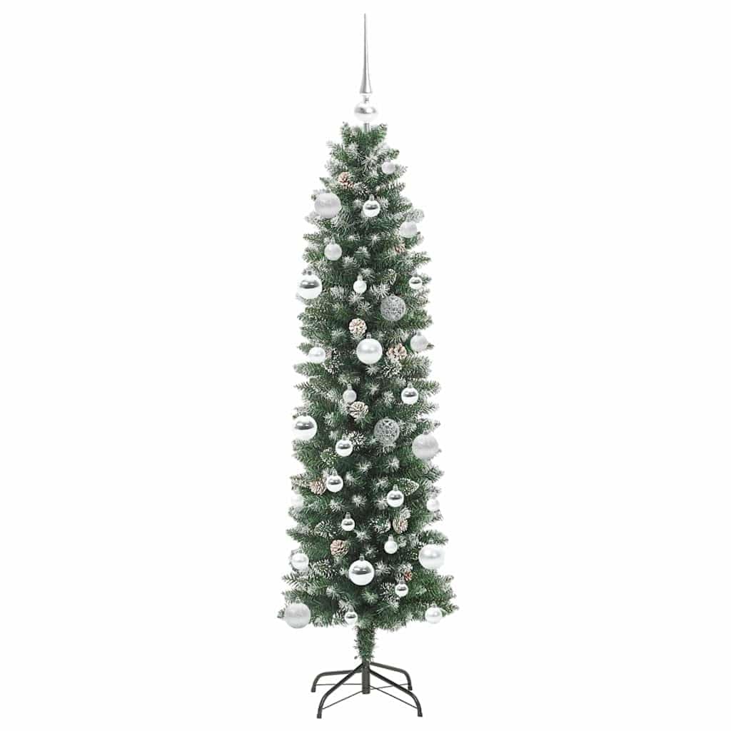 Albero di Natale artificiale sottile verde e bianco 150 cm con 150 LED bianco caldo, 8 modalità, punte in PVC, alimentate USB, per interni ed esterni protetti, decorazione festiva