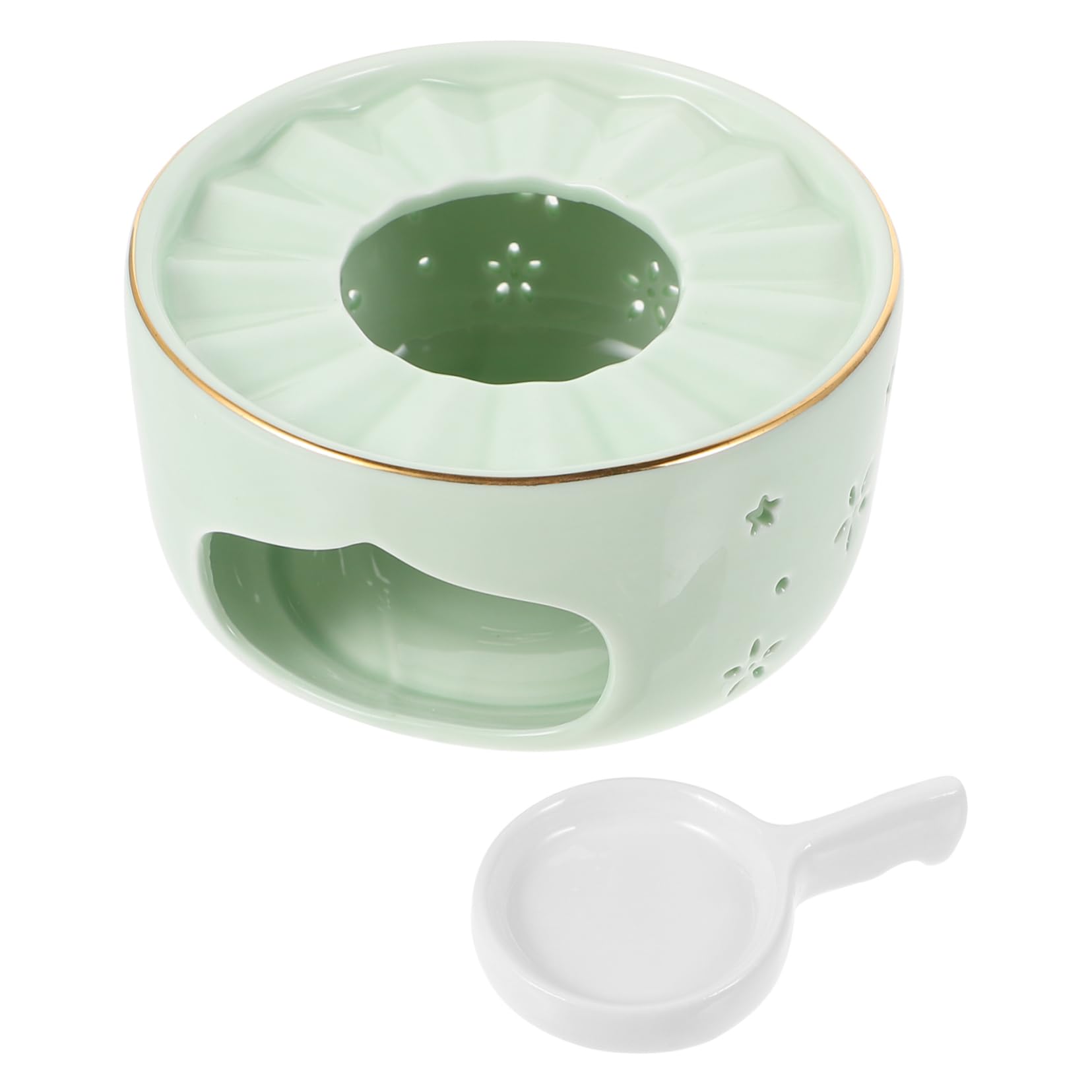 Homoyoyo 1set Ceramic Teapot Warmer Candle Base Light Green Hollow Design for Heat Preservation Portable Tea Stove for Home Decoration and Practical Use