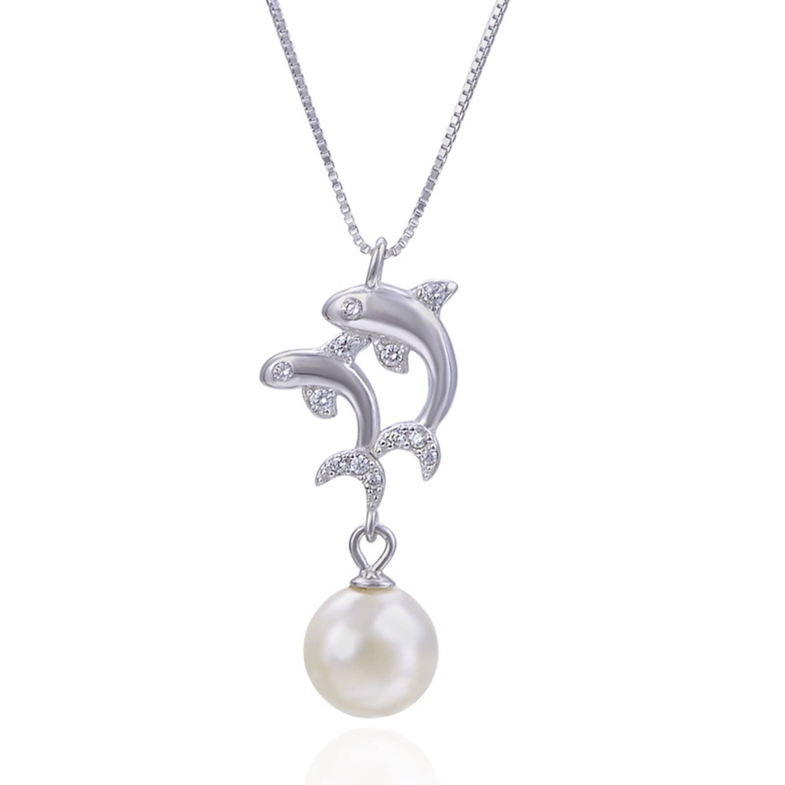 HLTYGWX Halskette aus 925er-Silber, Delfin-Halskette für Damen, runde Perlen-Box-Kette aus Metall