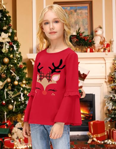Image of BesserBay Girls Christmas Long Bell Sleeve Ruffle Tunic Top 4-12 Years