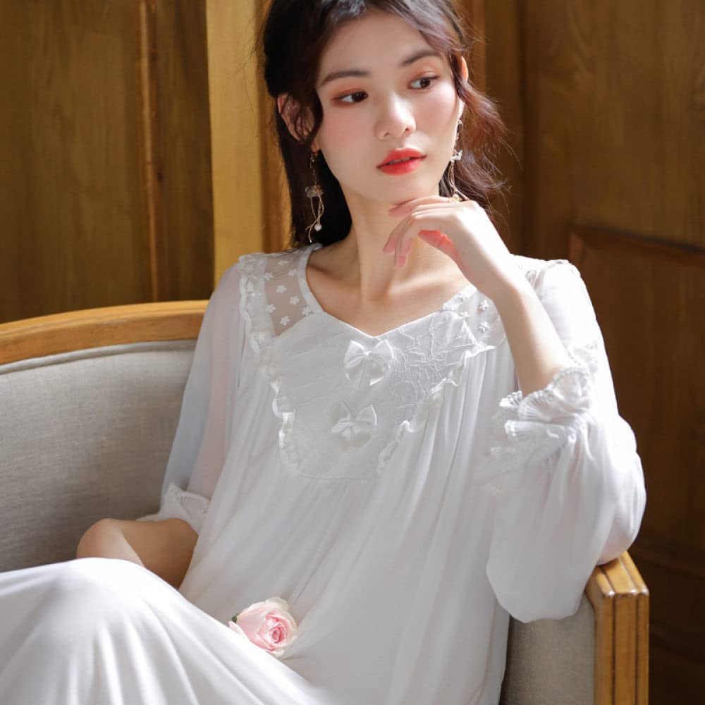 Nachthemd Damen,Damen-Nachthemden Weiß Rundhals Spitze Rüschen Schleife Mesh Elegantes Schlafhemd Weiche Bequeme Lange Ärmel Nachthemd Loungewear Für Damen Mädchen Pyjama Party Weihnachtsnachth