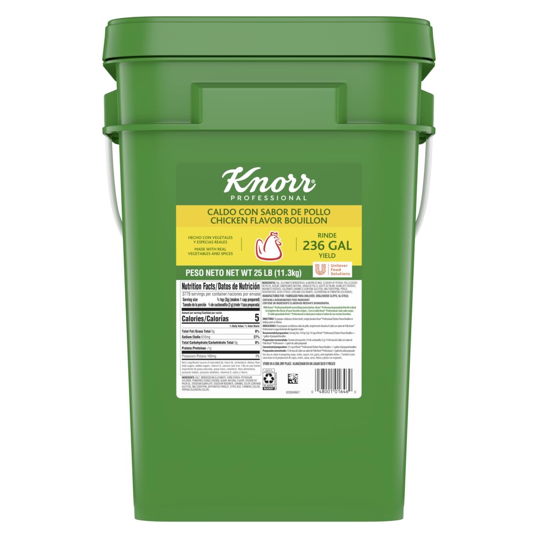 Knorr Professional Caldo de Pollo, Chicken Bouillon with Chicken Flavor Granulated Base, 25lb Pail, Bouillon as a Base, Marinade, Flavor Enhancer, Shelf Stable Convenience, 0g Trans Fat (Pack of 1)