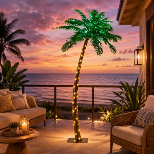 7FT Lighted Artificial Palm Tree with 152 LEDs, Green & Warm White Lights, Waterproof Outdoor...