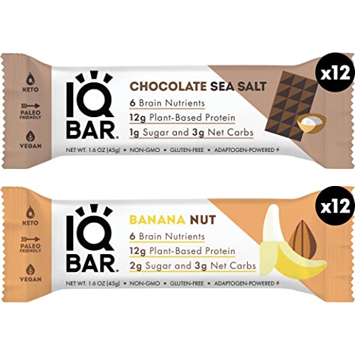 Iqbar Brain And Body Keto Protein Bars - Chocolate Sea Salt And Banana Nut - 12 Count Energy Bars - Low Carb Protein Bars - High Fiber Vegan Bars Low Sugar Meal Replacement Bars #TOP1