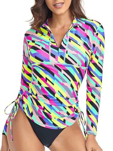 Neon Striped Long Sleeve Rash Guard for Women – Size M