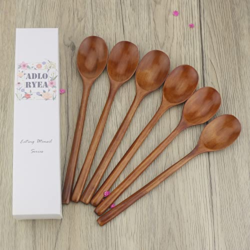 Image of Adloryea Wooden Spoons, 6 Pieces Wood Soup Spoons For Eating Mixing Stirring Cooking, Long Handle Spoon With Japanese Style Kitchen Utensil, Eco Friendly Table Spoon - 24.89 Cm | Wood Spoons for Eating Made by Smooth Natural Wood with Japanese Style for Daily Meals & Stirring, Nanmu