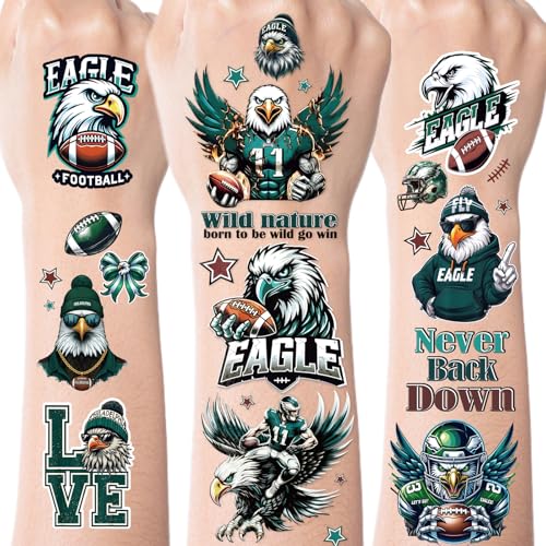 INCOK Eagle Football Temporary Tattoos Eagle Theme Birthday Party Decorations 200+ Green Rugby Face Tattoo Stickers for Fans American Sports Games Activity Party Favors Gifts School Prizes Rewards