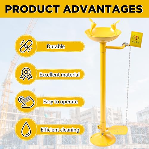 Image of Yaocom Eye Wash Station Stand up Emergency Pedestal Mounted Eyewash Station Adjustable Water Flow Hands Free Operation Stainless Steel Floor Mount Eyewash with Dual Spray Head and Pedal(Yellow)