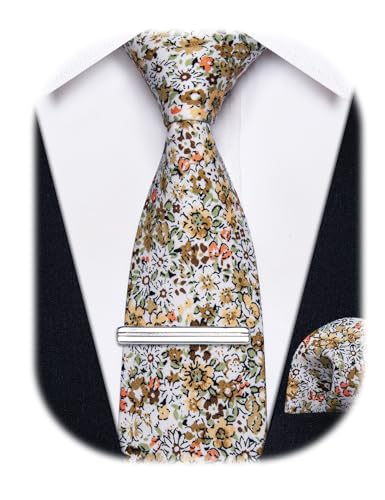 Image of YourTies Cotton Floral Tie for Men 2.5 inch Printed Skinny Necktie Pocket Square Tie Clip Set Flower Wedding Party Groom