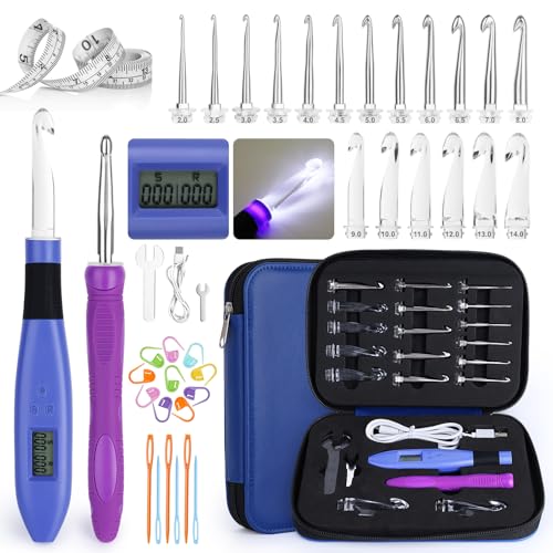 Aeelike Light Up Crochet Hooks Set 18 Size 2mm-14mm Interchangeable Crochet Hook with Light and Stitch Counter Rechargeable LED Lighted Ergonomic Crochet Hooks for Arthritic Hands & Beginners Adults