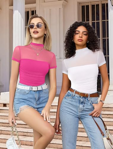 Image of Avidlove Women's Short Sleeve Bodysuit Turtle Neck Body Suits Mesh One Piece Leotard Going Out Tops Date Outfits