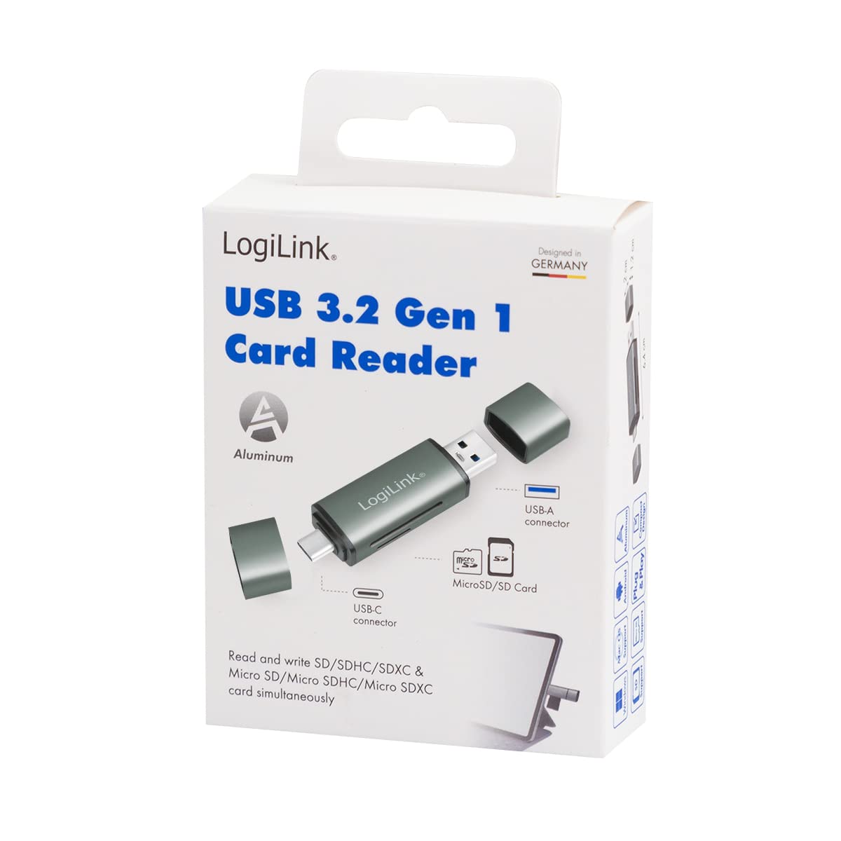 LogiLink CR0043 - USB 3.2 (Gen1) czytnik kart SD i microSD w aluminiowej obudowie, do kart pamięci do 2 TB, złącze przez USB-A lub USB-C