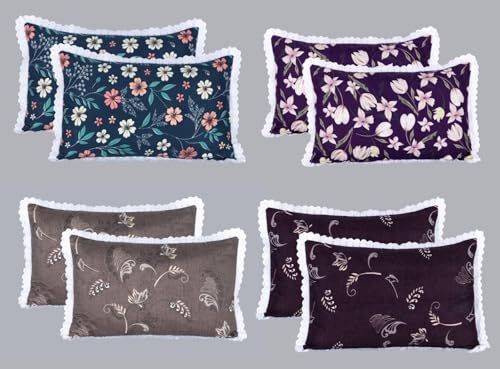 Image of RD TREND Glace Cotton Lace Pillow Cover Set of 4 (8 Pcs) - Premium 210 TC, Standard Size 18 inchx28 inch | Soft & Breathable Pillowcases for Bedroom & Home | Mix-8
