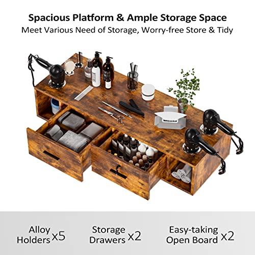 Wall-Mount-Styling-Station-for-Hair-StylistBeauty-Barber-Spa-EquipmentSalon-Cabinet-Station-with-Locking-DrawersBathroom-Dresser-with-5-Hair-Dryer-Holders-Rustic-Brown