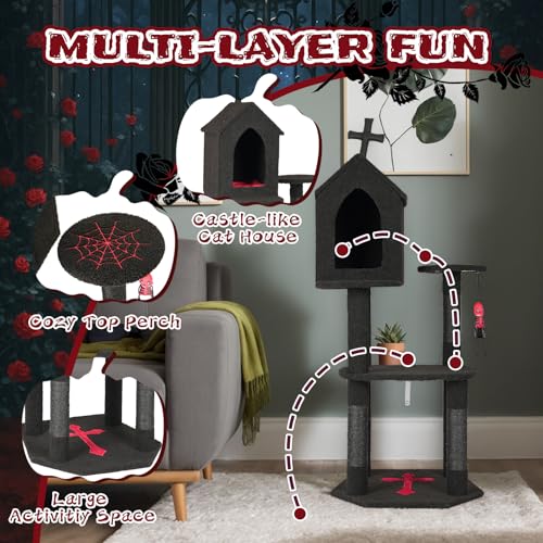 UDeuxff Halloween Gothic Cat Tree Castle, 57in Black Cat Tower with Coffin Bed, Spacious Cats Condo for Halloween, Scratching Posts, Spider Hanging Ball,Goth Pet Furniture
