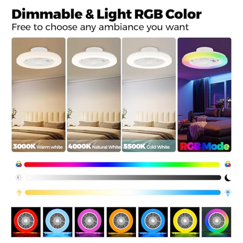 18.9" RGB Flush Mount Ceiling Fan with Light, 6 Speeds 3 Colors, Timer - image 5