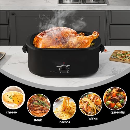 Image of 20Qt Roaster Oven Buffet with Self-Basting Lid, 1450W Stainless Steel Electric Turkey Roaster Oven with Cool-Touch Handles, Removable Pan and Rack, Black