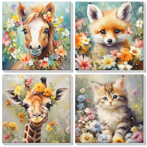 Lxmsja 4 Pièces Peinture Numero Adulte avec Cadre, Fleurs Peinture par Numéro Cheval Chat, Renard Girafe Numéro d'art avec Pinceaux, Loisirs Créatifs...