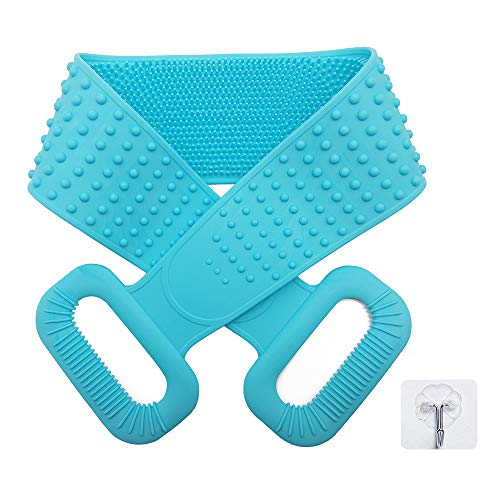 Silicone Back Scrubber for Shower,Exfoliating Back Scrubbing Strap,Two Sided Bath Body Brush Belt for Men Women Shower (Blue30")