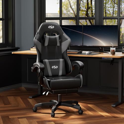 Image of HLDIRECT Gaming Chair, Ergonomic Computer Office Chair with Lumbar Support Footrest Headrest, Adjustable Height & Backrest Angle Video Gamer Chair, PU Leather, 360 Swivel, Adult (Black&Grey)