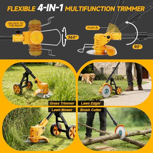 Image of Electric Weed Wacker Cordless with Wheels,Electric Weed Eater Battery Powered,4 in 1 Grass Trimmer /Brush Cutter /Grass Edger /Small Lawn Mower,No String Trimmer with Metal Blade,2 Battery