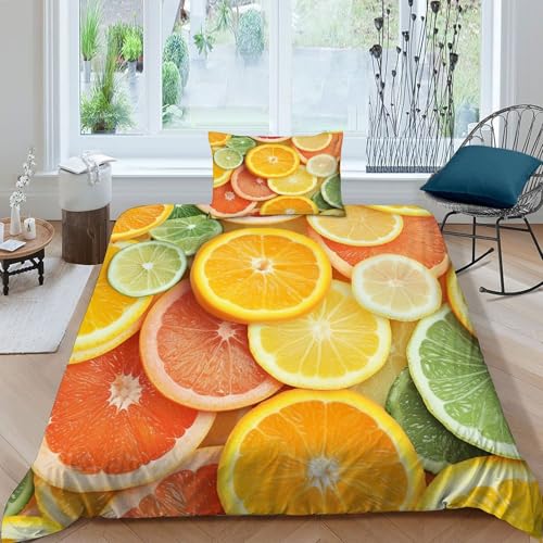 Housse de couette 2 pièces orange motif fleuri lit single zip