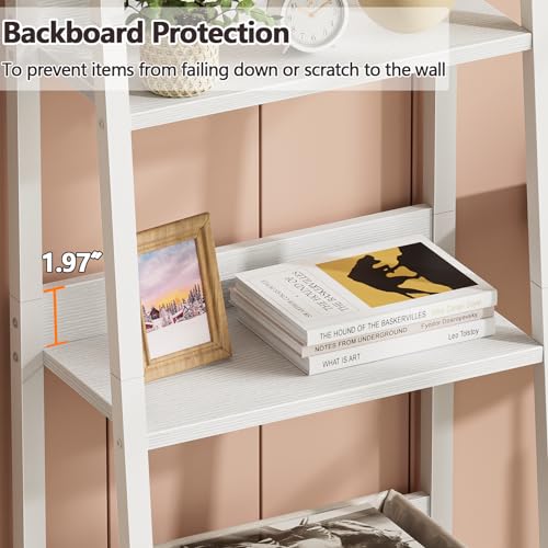 Image of Furologee 5-Tier White Ladder Shelf, Ladder Bookshelf with Removable Drawer, Mordern Bookcase Storage Rack Organizer, Wood Metal Freestanding Storage Shelves for Living Room, Home Office, Bedroom
