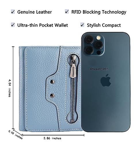 AINIMOER Small Leather Wallet for Women, Slim Compact Credit Card Holder RFID Blocking Wallets Organizer with Coin Pocket, Lichee Gray Blue4