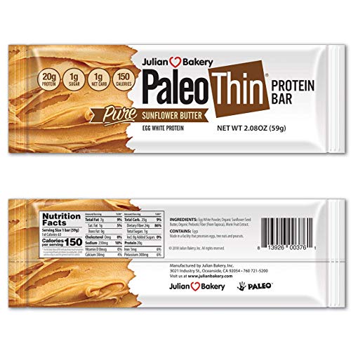 Julian Bakery Paleo Thin Protein Bar | Sunflower Butter | Egg White Protein | 20g Protein | 1 Net Carb | 12 Bars