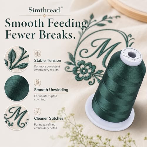 Image of Simthread 5000M 40WT Polyester Embroidery Thread, Pine Green S040 | 5000M 40WT polyester thread feeds smoothly for machine embroidery, monograms, logos, patches and quilting.